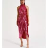 New 🧨 Collection Sequin Halter Neck Midi 👗 Dress In Fuchsia ❤️