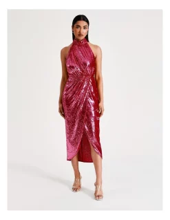 New 𧨠Collection Sequin Halter Neck Midi π Dress In Fuchsia β€οΈ