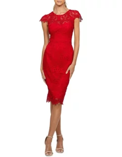 Cocktail-party-dresses Shop 13 Deals π B By Bariano Tamara Cap Sleeve Fitted Midi In Poppy Red π