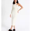 Best Sale 😀 Miss Shop Eco One Shoulder Cut Out Knit Midi 👗 Dress In Papyrus 🥰