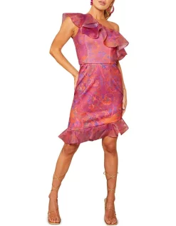 Discount β€οΈ Chi Chi London One Shoulder Ruffle Floral Bodycon Mini π Dress In Burgundy π§¨