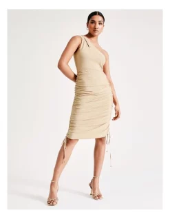 New π Collection One Shoulder Ruched Metallic Midi π Dress In Gold π